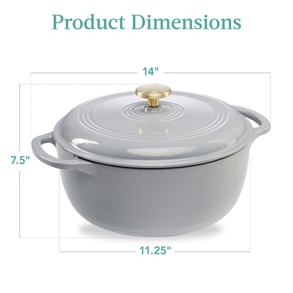 Large round light grey Dutch oven with domed enamel lid, gold knob, and curved side handles
