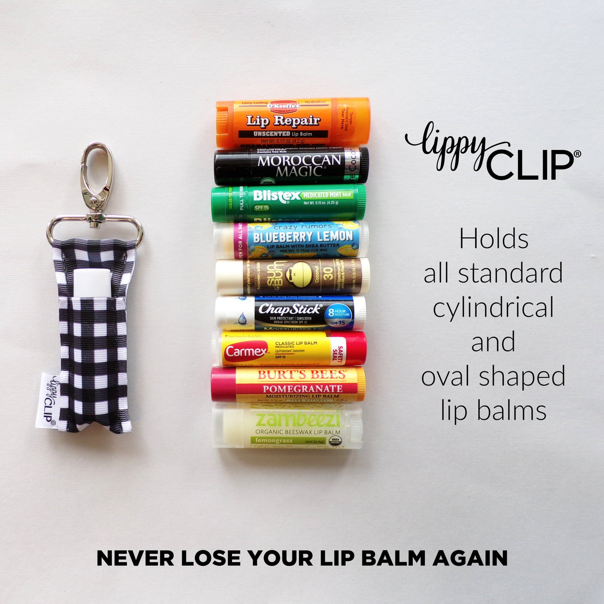 Black-and-white plaid LippyClip® lip balm holder clip holding assorted lip balms