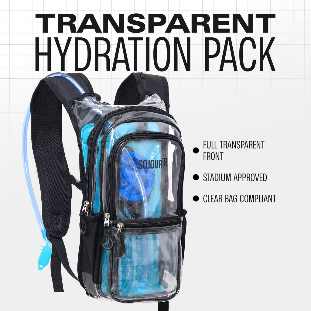 Transparent hydration pack backpack with clear front pocket and black straps