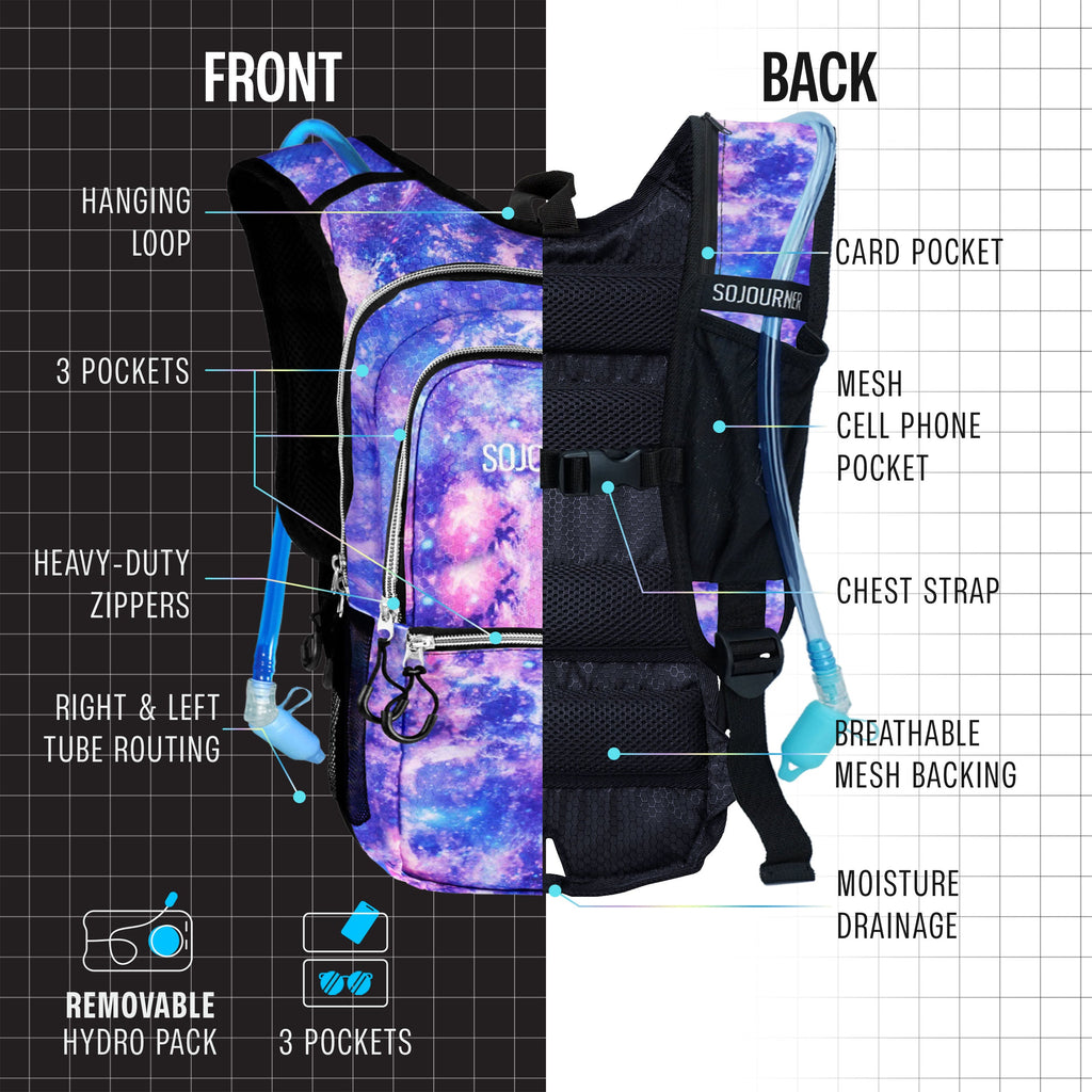 Medium galaxy hydration pack backpack with front and back pockets, mesh backing, chest strap