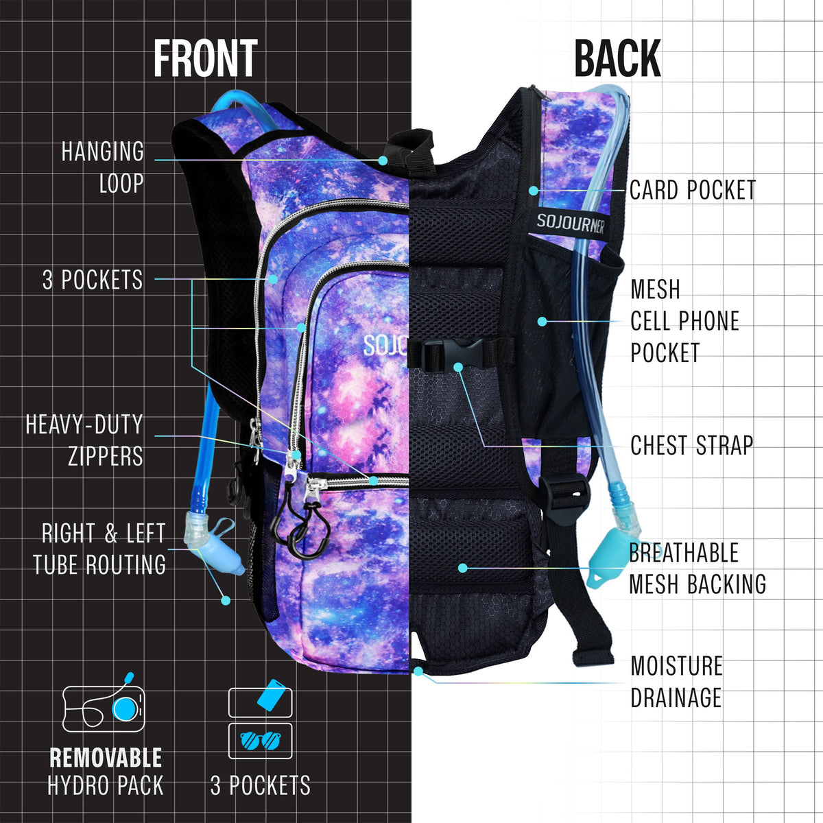 Medium galaxy hydration pack backpack with front and back pockets, mesh backing, chest strap