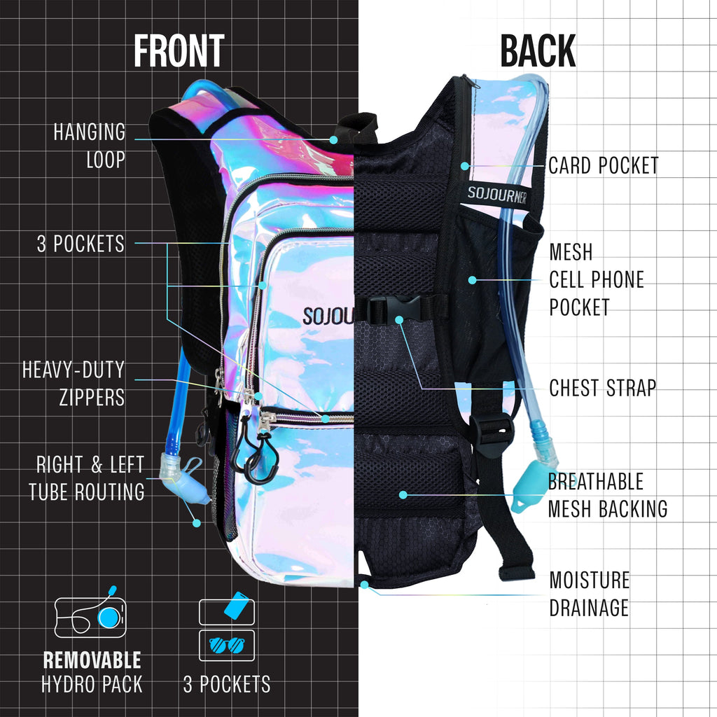 Medium holographic hydration pack backpack with front pockets, card pocket, and mesh backing