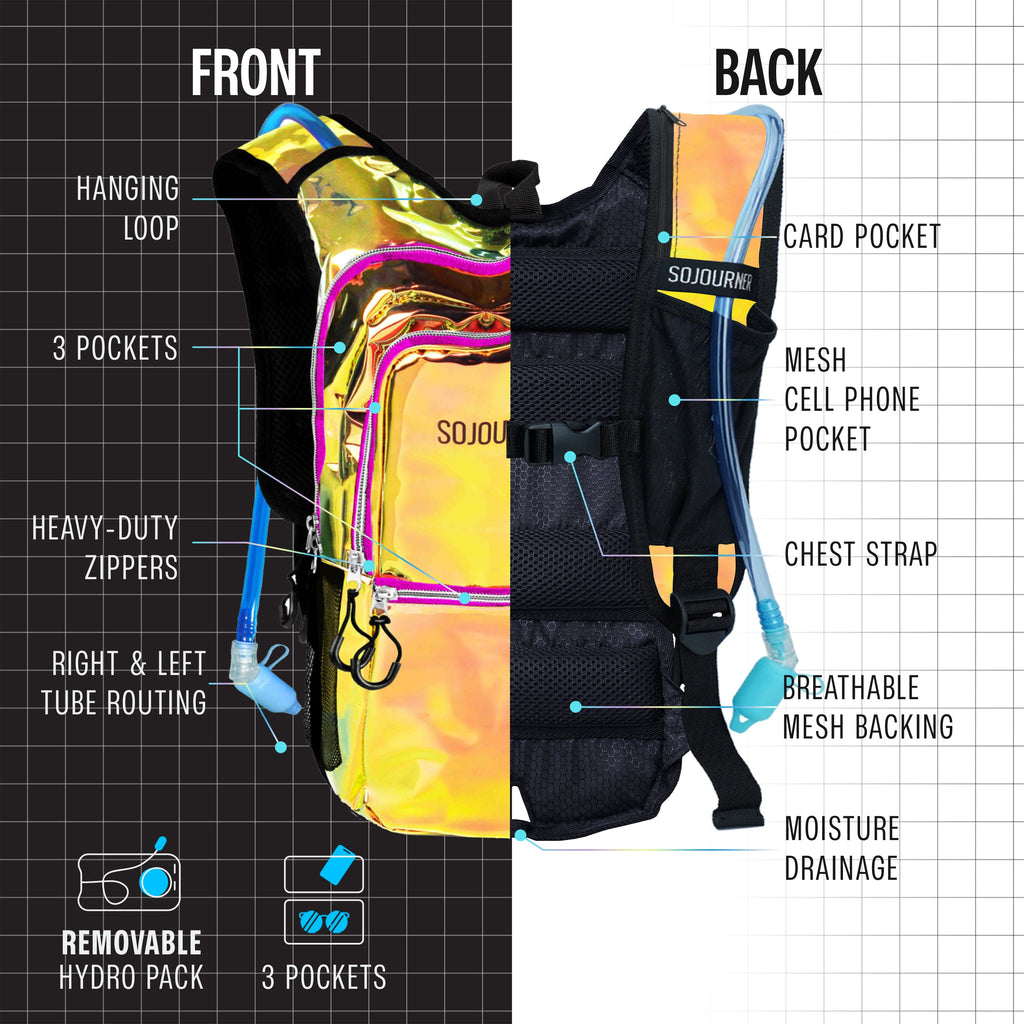 Medium hydration pack backpack with holographic gold finish, black mesh backing, chest strap