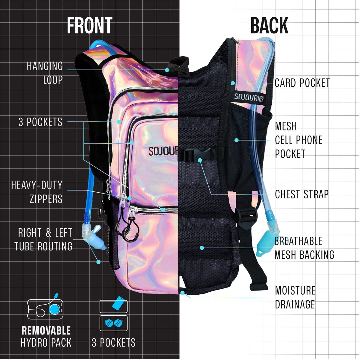 Iridescent holographic hydration backpack with black mesh backing, chest strap, and side pockets