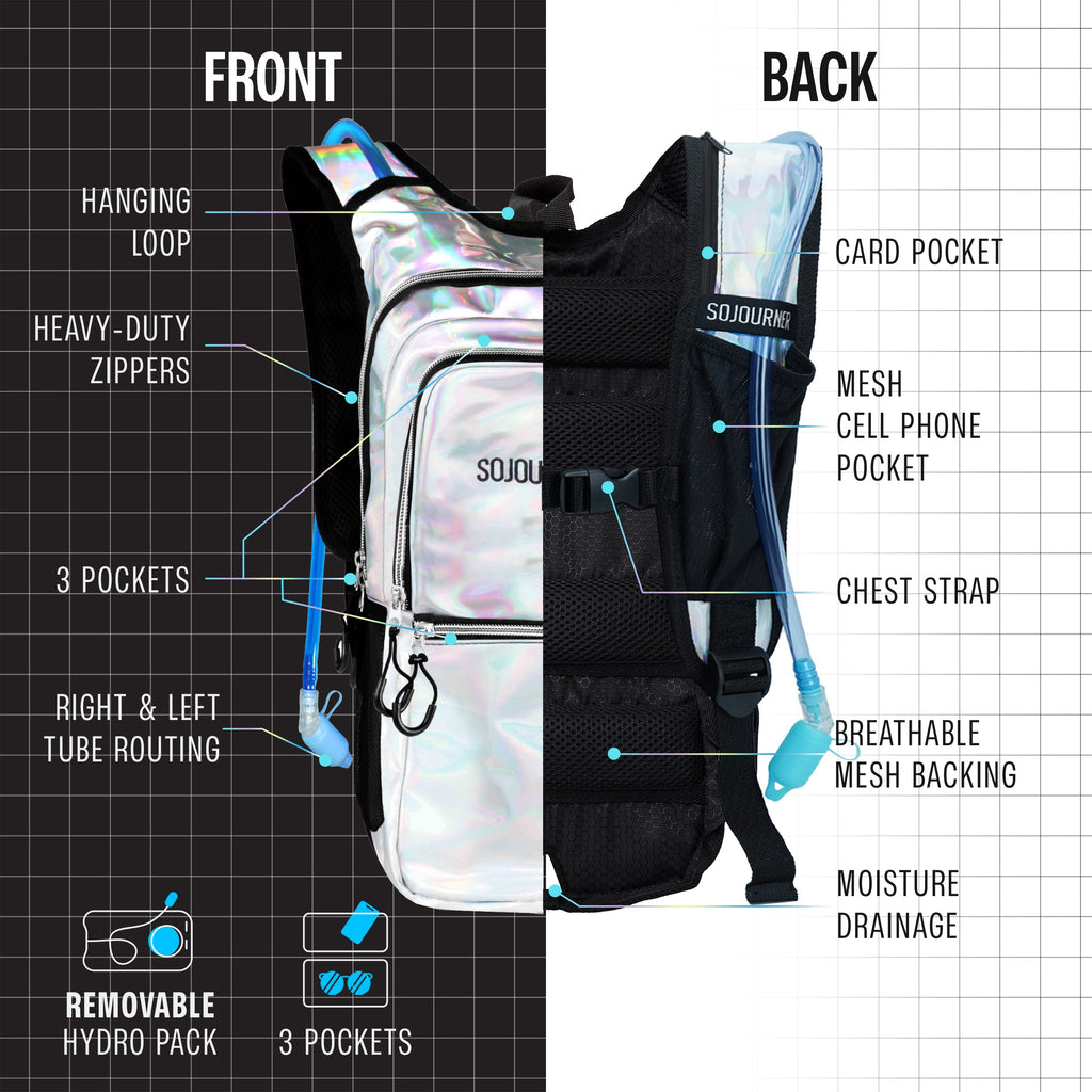 Medium hydration pack backpack with holographic silver finish, black mesh backing, chest strap
