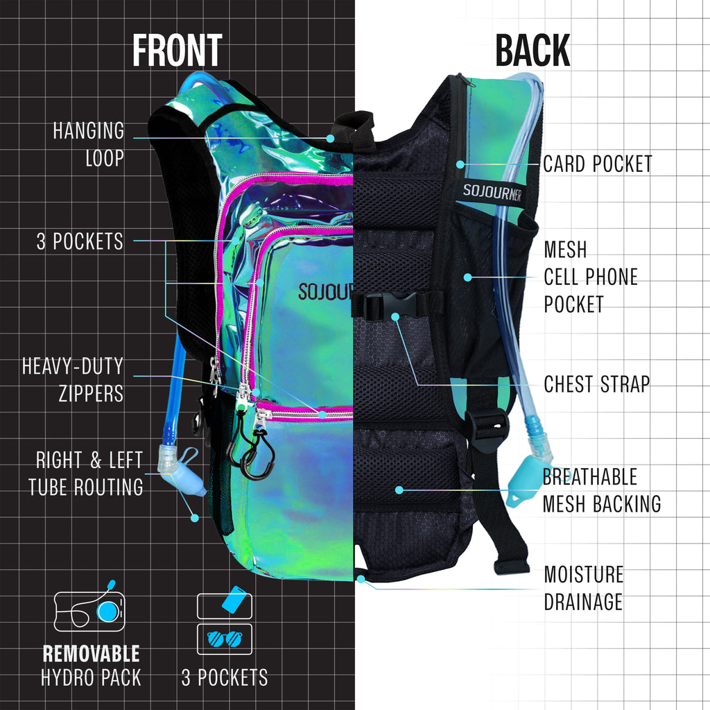 Medium hydration pack backpack with holographic finish, black mesh backing, chest strap