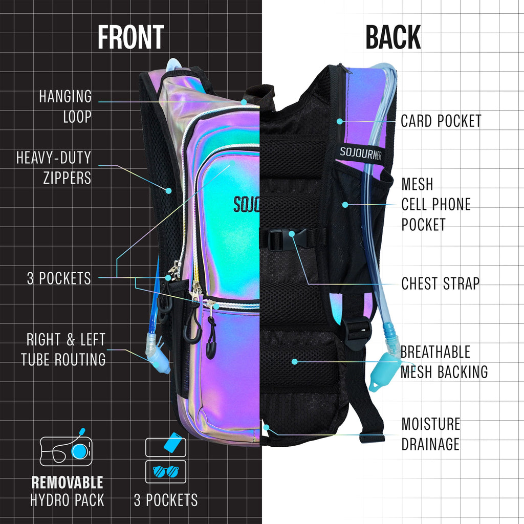 Iridescent holographic hydration backpack with front pockets, mesh back, and chest strap