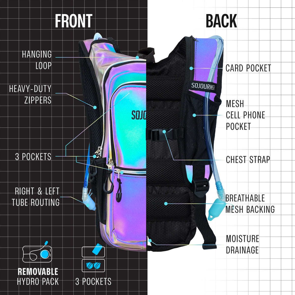 Iridescent holographic hydration backpack with front pockets, mesh back, and chest strap