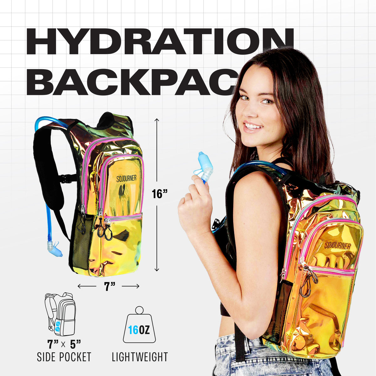 Medium holographic hydration pack backpack with yellow and magenta iridescent panels