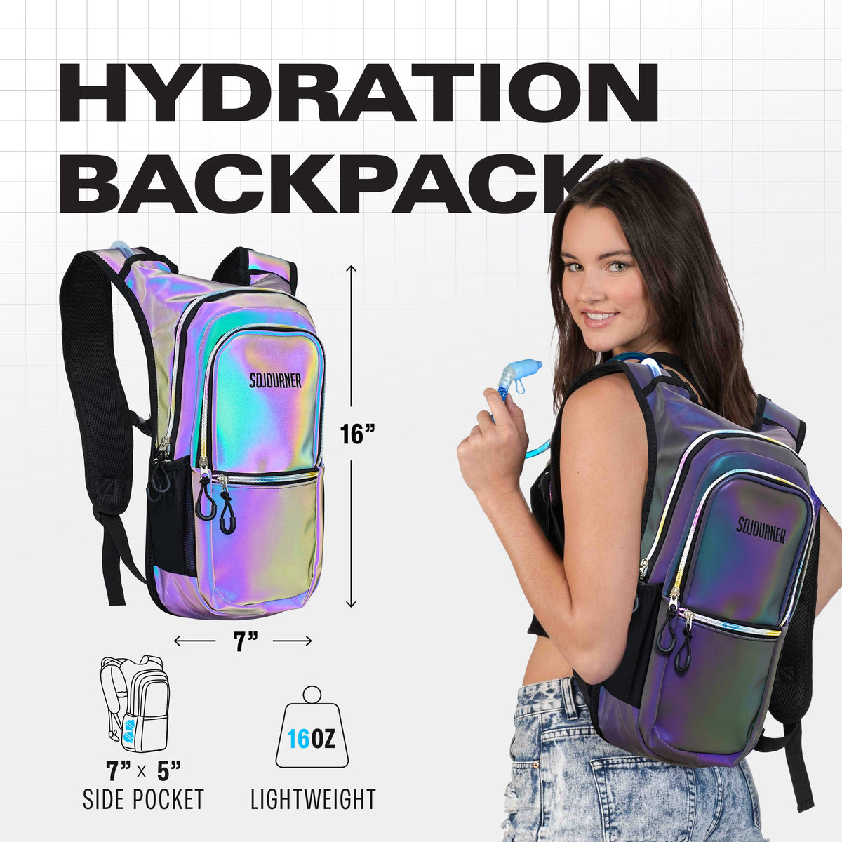 Iridescent holographic hydration backpack worn by a person, black mesh back and chest strap