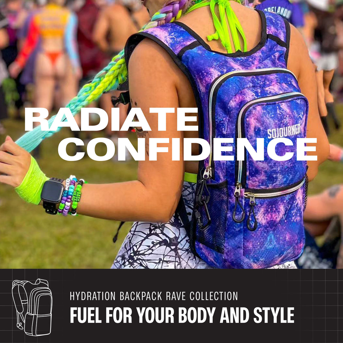 Medium galaxy hydration pack backpack with colorful straps and front zip pockets