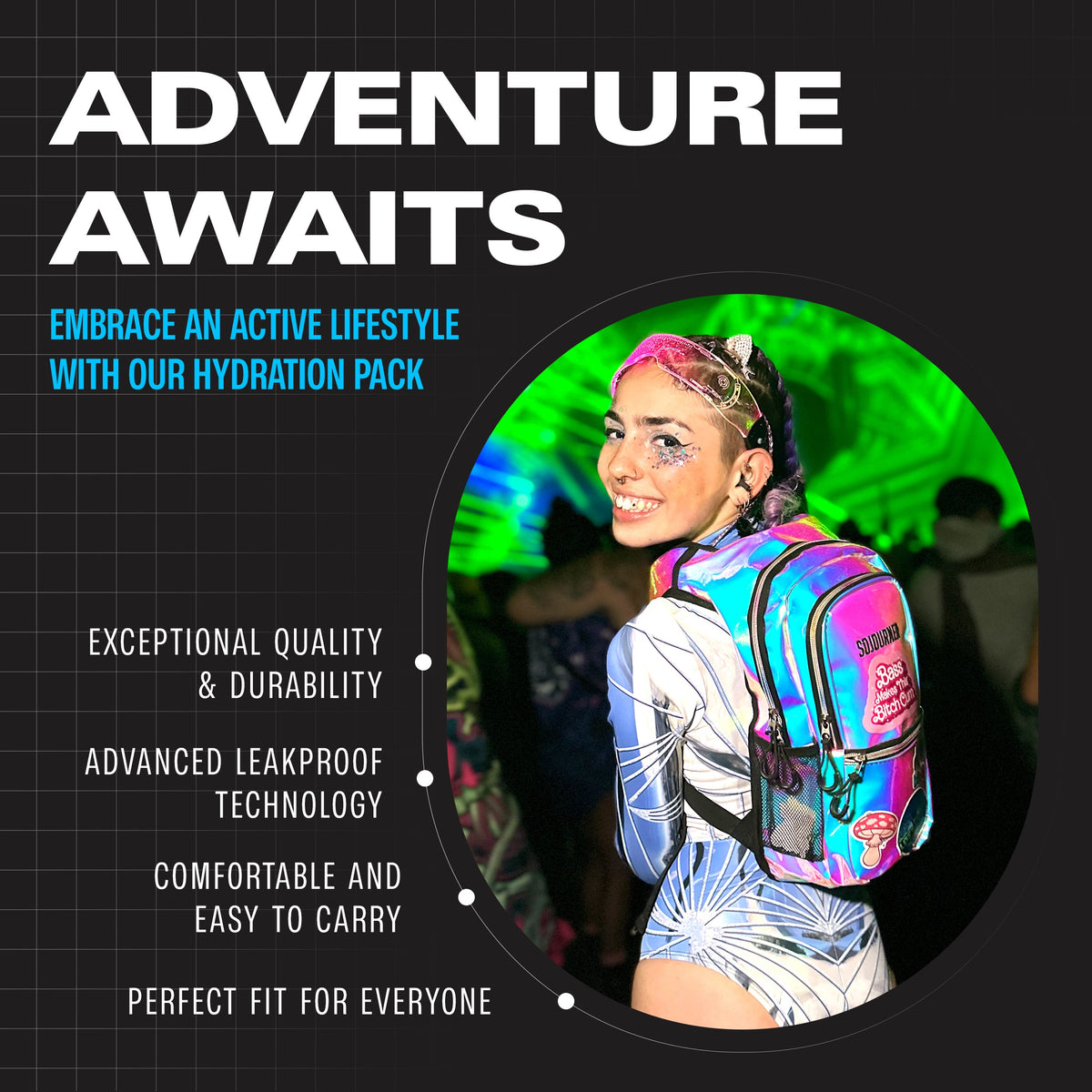 Medium holographic hydration pack backpack worn on back with front zip pocket