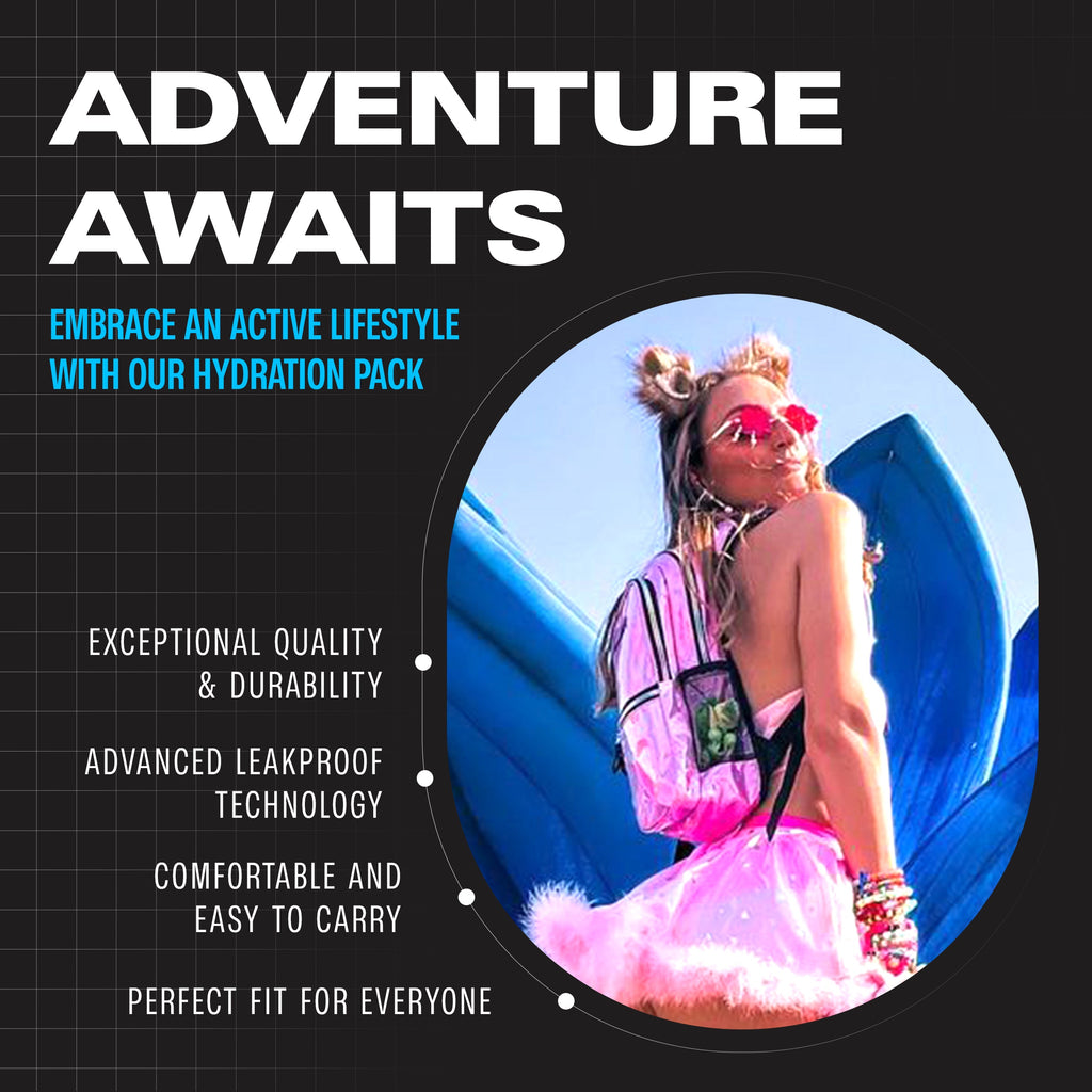 Iridescent holographic hydration backpack worn by child with black straps