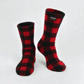 Fleece crew socks in red and black buffalo plaid, with ribbed cuffs and rounded toe.