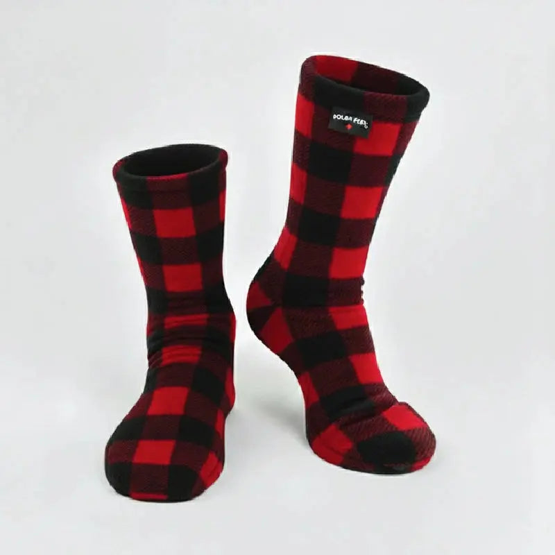 Fleece crew socks in red and black buffalo plaid, with ribbed cuffs and rounded toe.