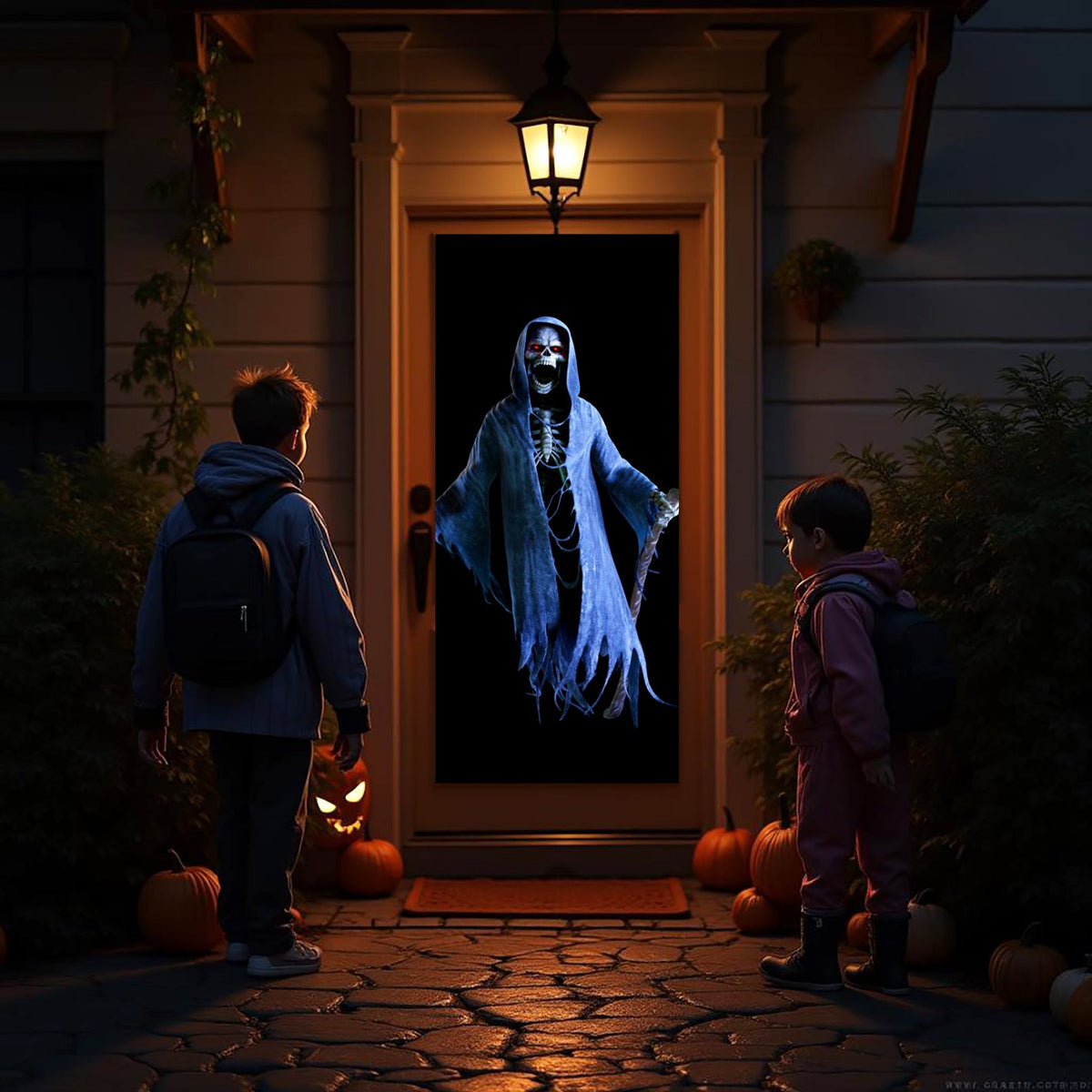 Blue skeleton ghost projection on doorway for Halloween decor