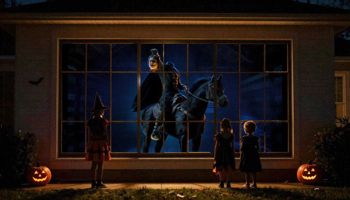 Halloween projection of riders and figures across window
