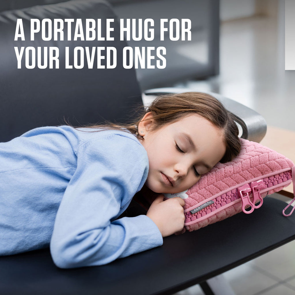 Travel blanket and pillow set: blue blanket, pink zippered pillow