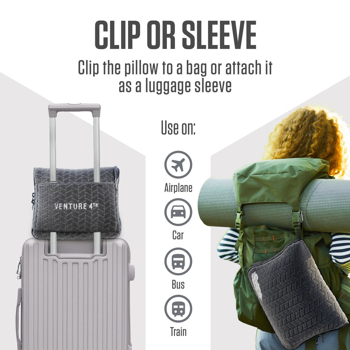 Gray quilted travel blanket and pillow case with clip-on sleeve shown on bag