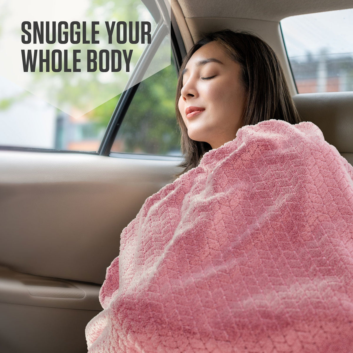 Travel blanket and pillow set: pink textured blanket, oversized plush wrap