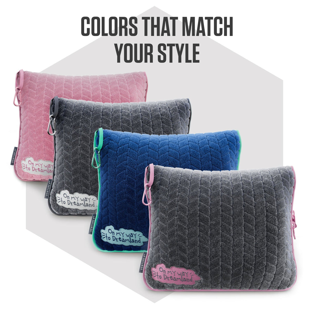Quilted travel blanket and pillow cases in pink, gray, and blue color options