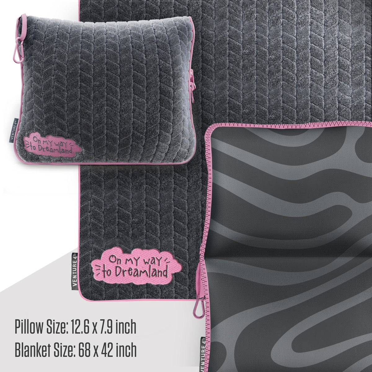 Gray travel blanket-and-pillow set with pink zipper trim, folded and close-up