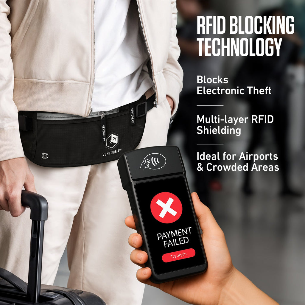 Person wearing RFID money belt; payment failed screen shows blocked card scanning