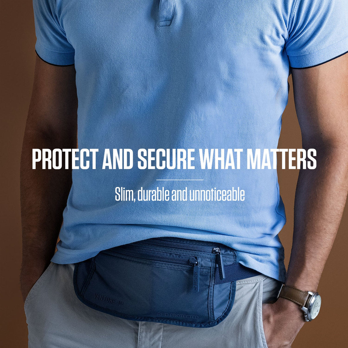 RFID travel money belt worn at waist, dark gray slim pouch with adjustable strap