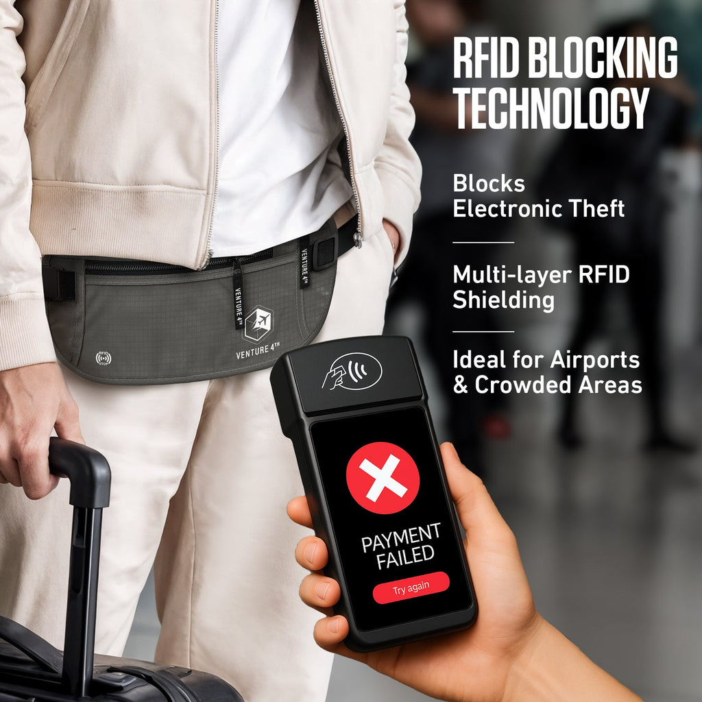 Black money belt with RFID blocking phone showing payment failed icon