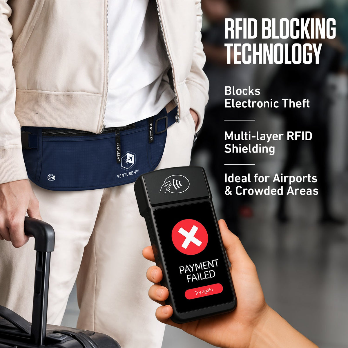 RFID safe money belt worn under jacket, blue pouch with RFID-blocking card device