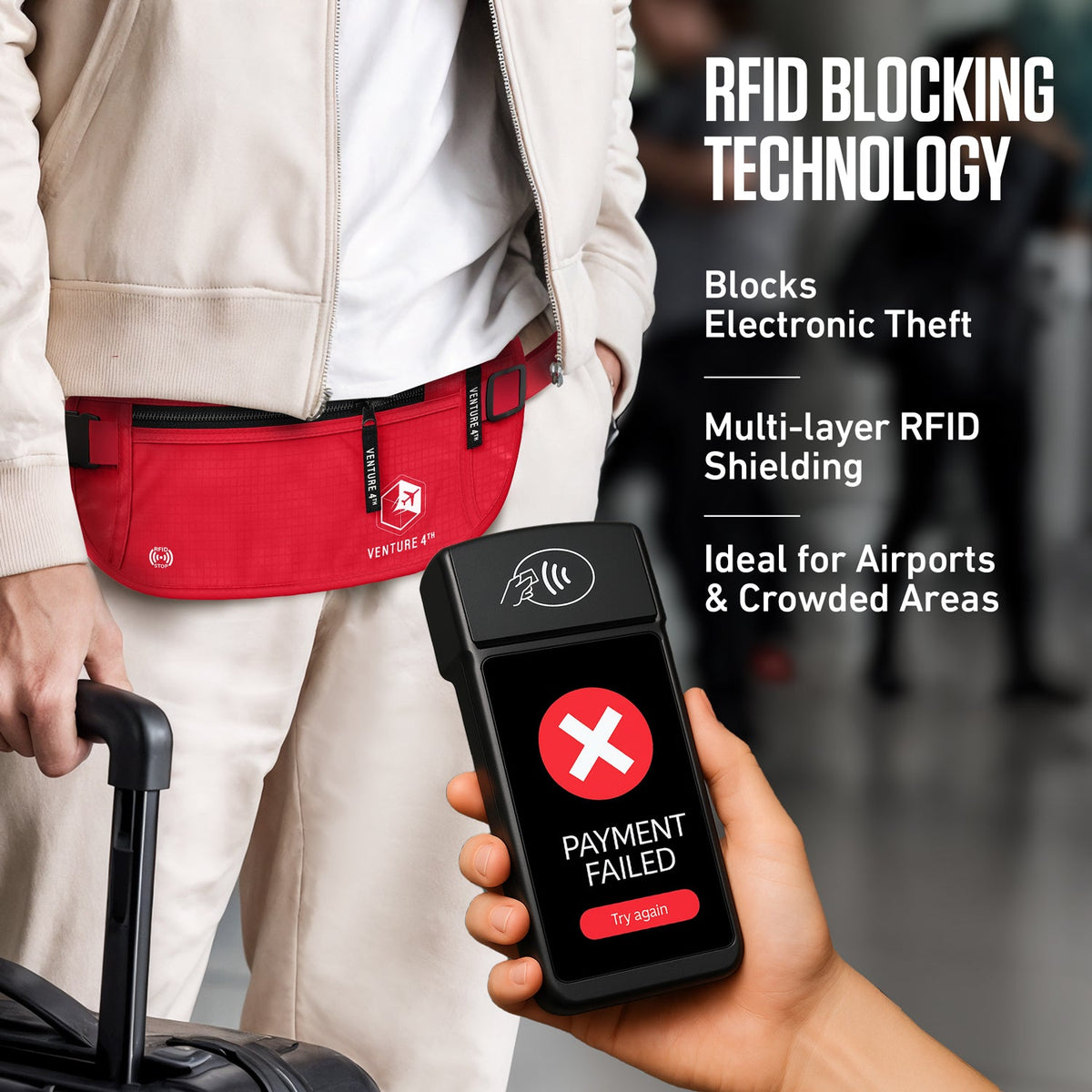 Red RFID money belt worn at the waist with multi-layer RFID shielding