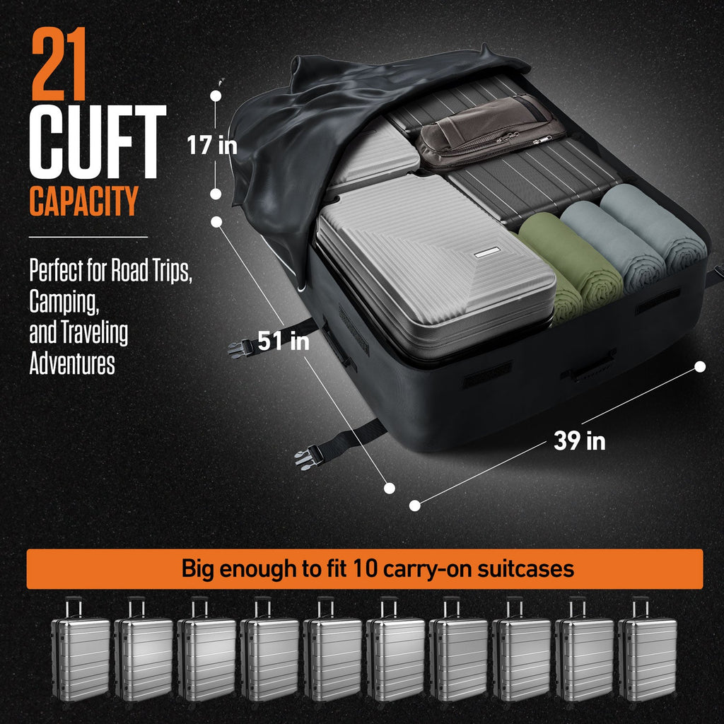Black rooftop cargo carrier bag with stored luggage and visible size outline