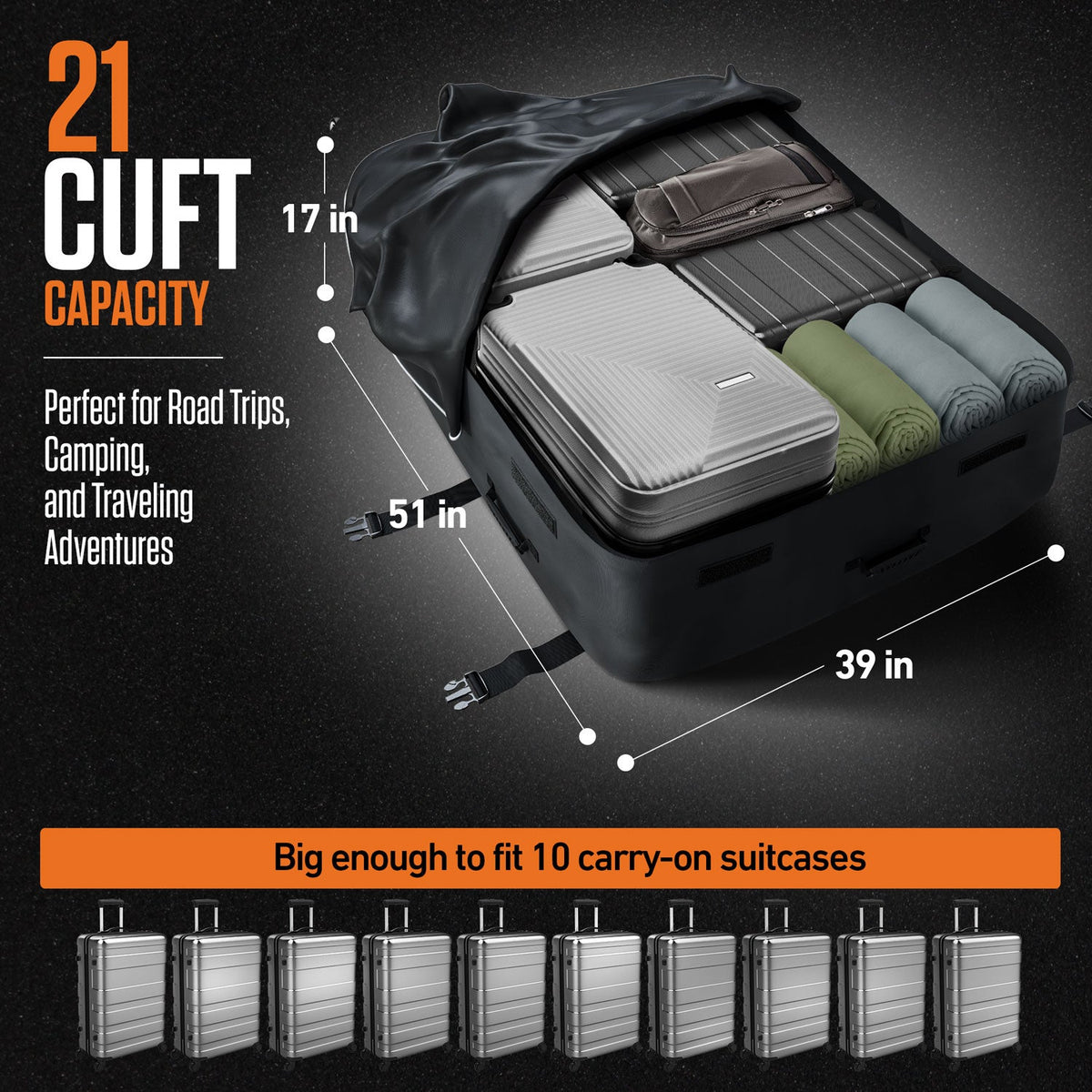 Black rooftop cargo carrier bag with stored luggage and visible size outline
