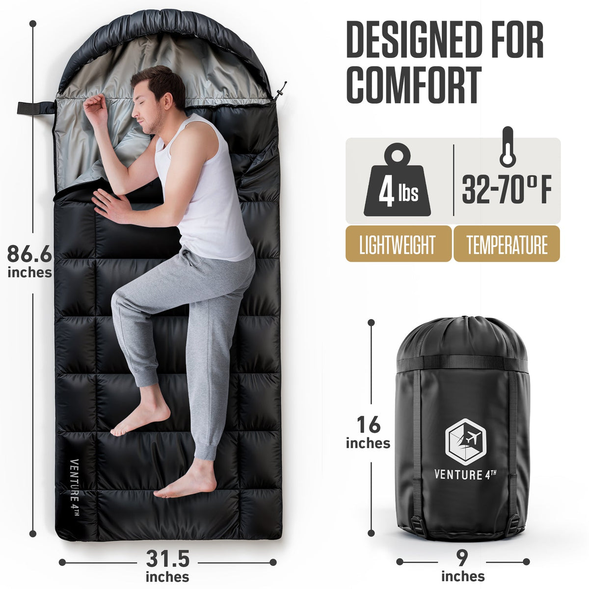 Black XXL sleeping bag with hood and dimension diagram for comfort