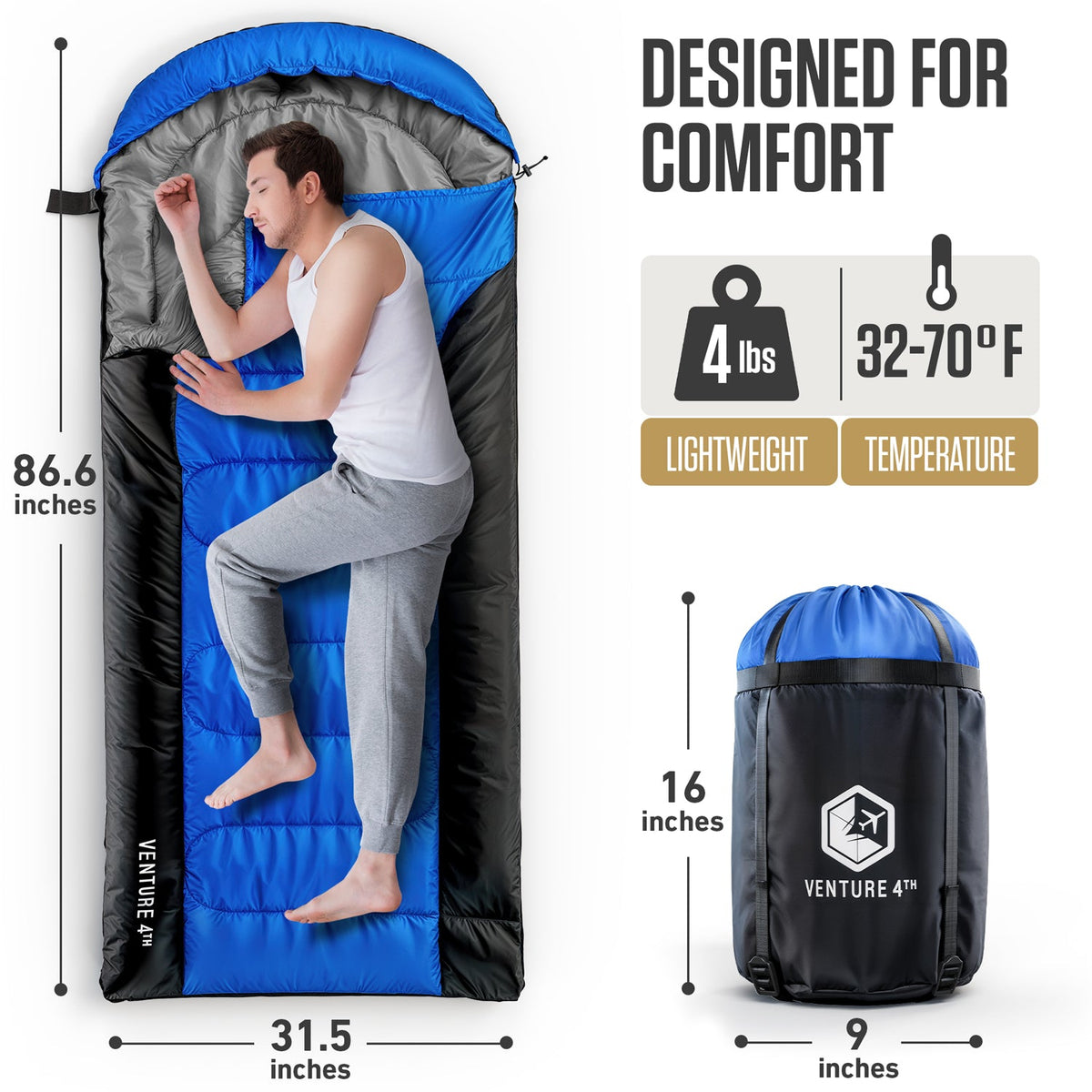 Venture 4th big and tall sleeping bag, blue and black with storage sack and hood