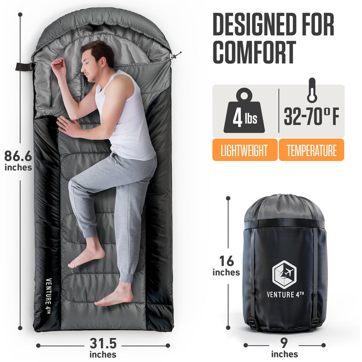 Gray sleeping bag with hood, shown in use with a camper, plus compression sack