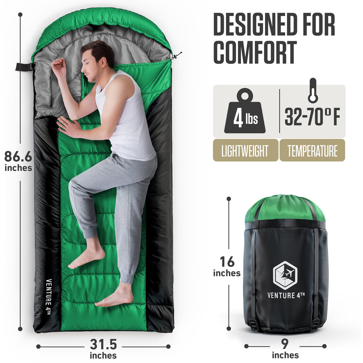 Venture 4th big and tall sleeping bag, green and black with storage sack and hood