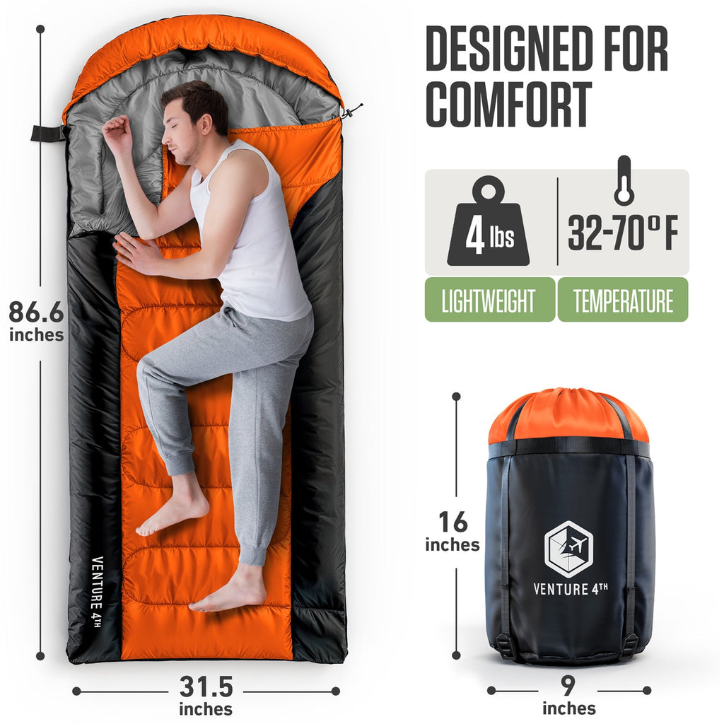 Orange and gray sleeping bag with hood, shown in use with a sleeping camper