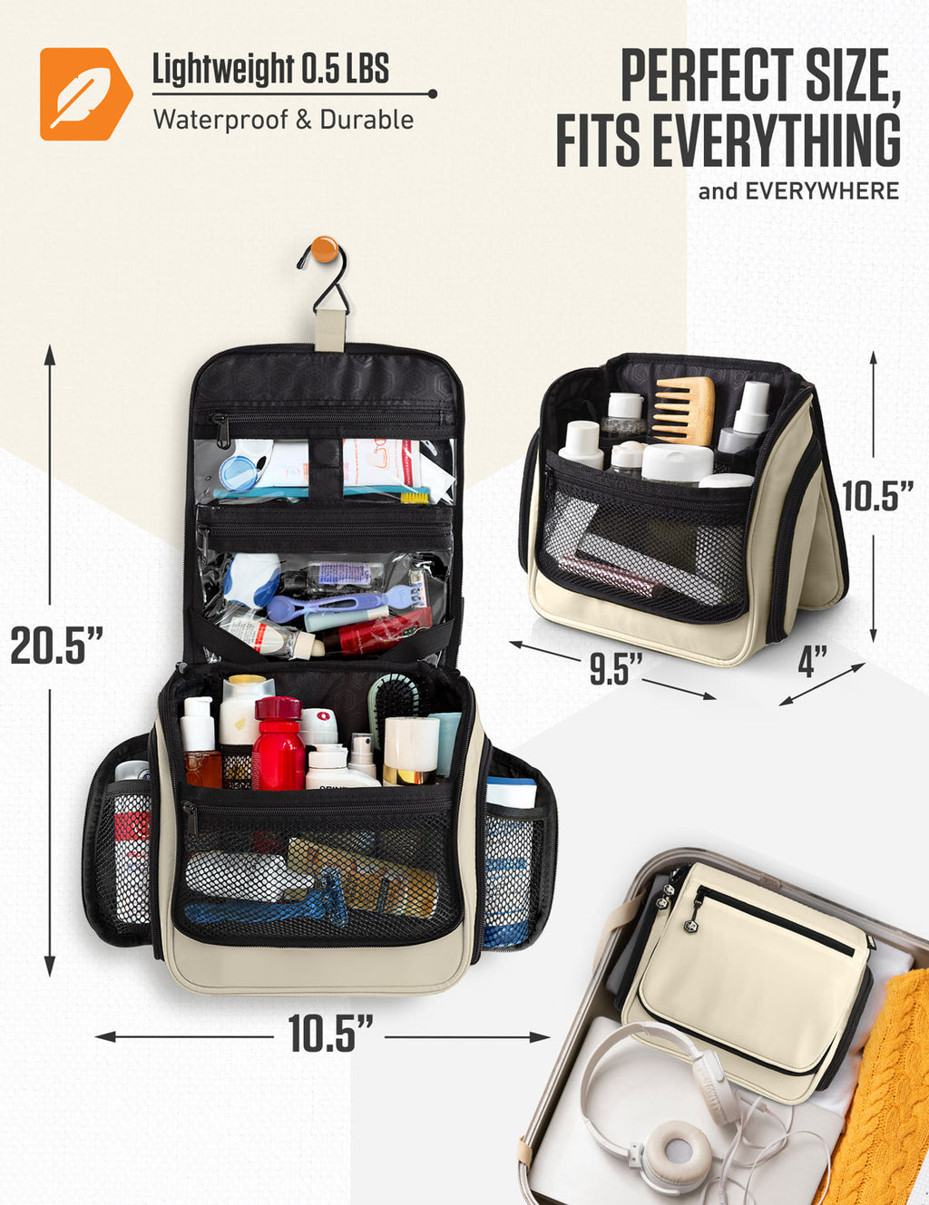 Black hanging toiletry bag with mesh shelves, clear pouch, and hanging hook