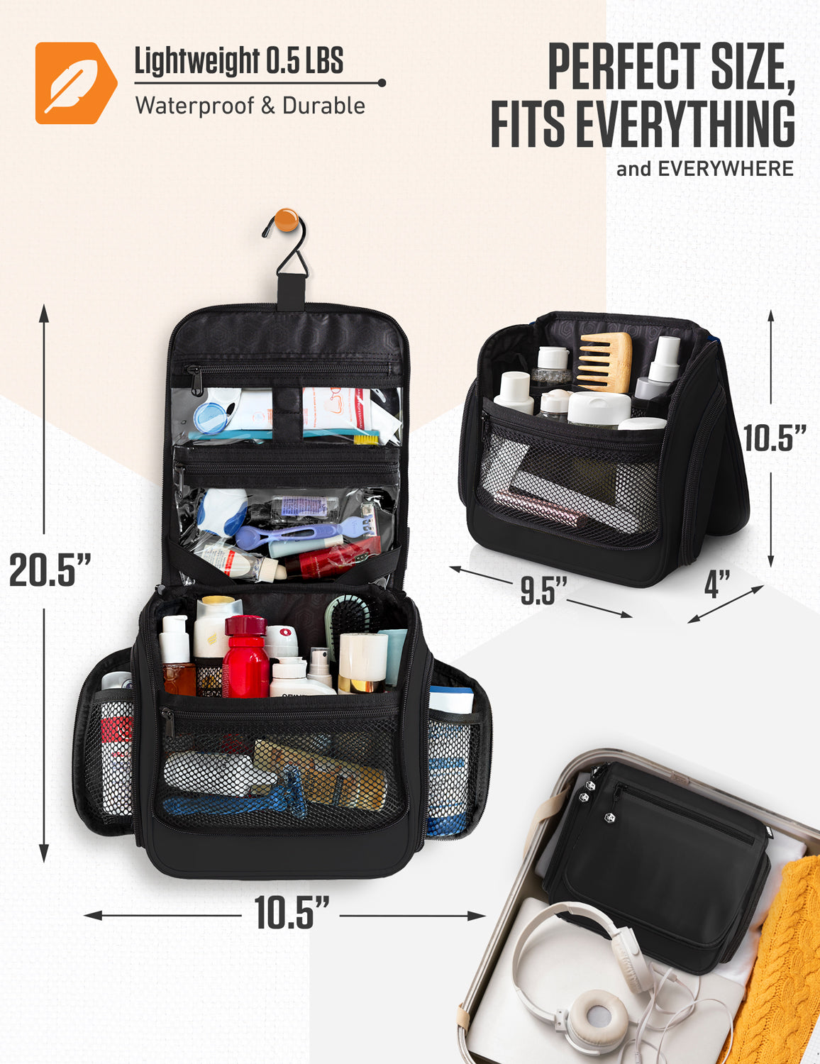 Black hanging toiletry bag open view with clear top pouch and mesh storage