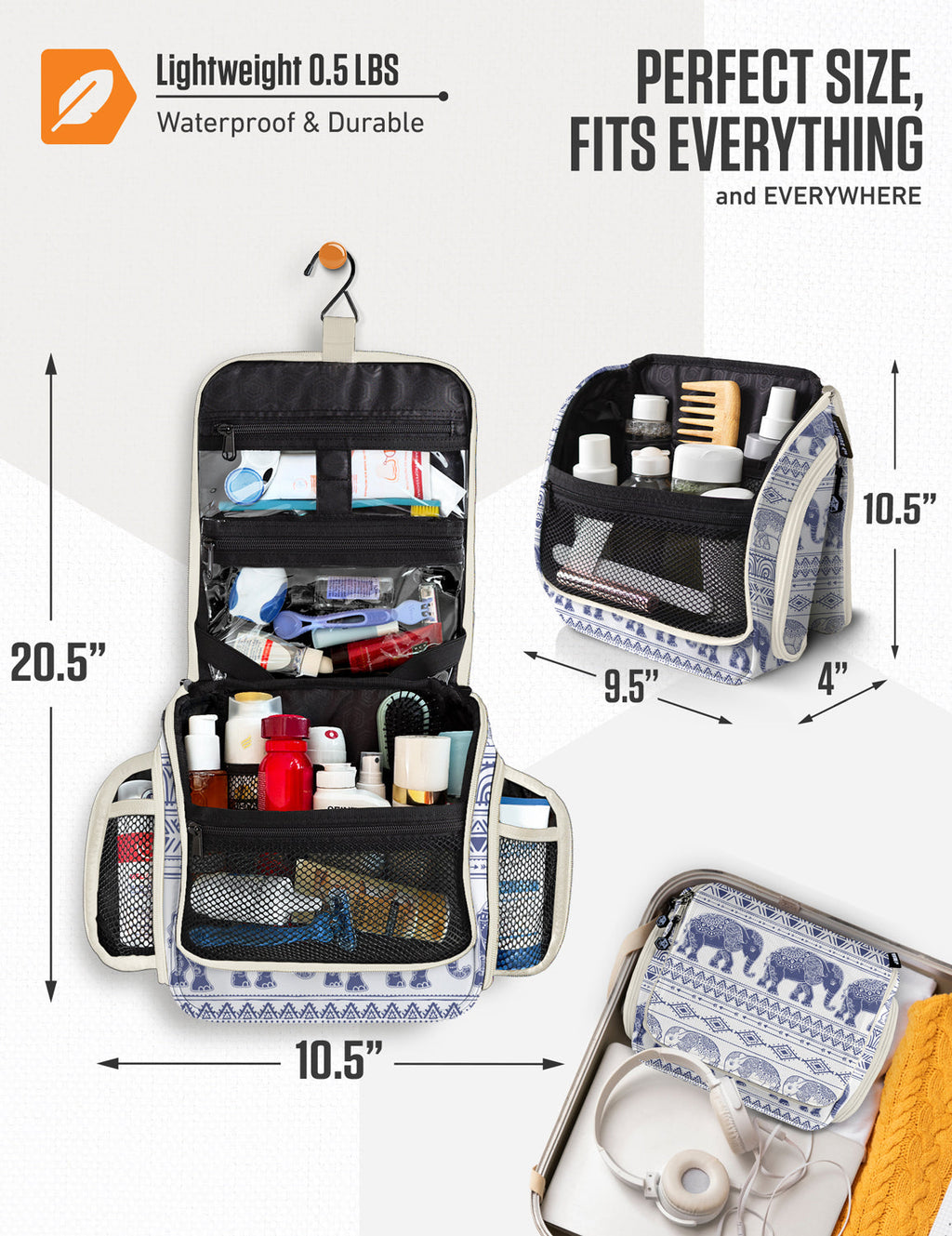 Hanging travel toiletry bag, open organizer with multiple pockets and mesh compartments
