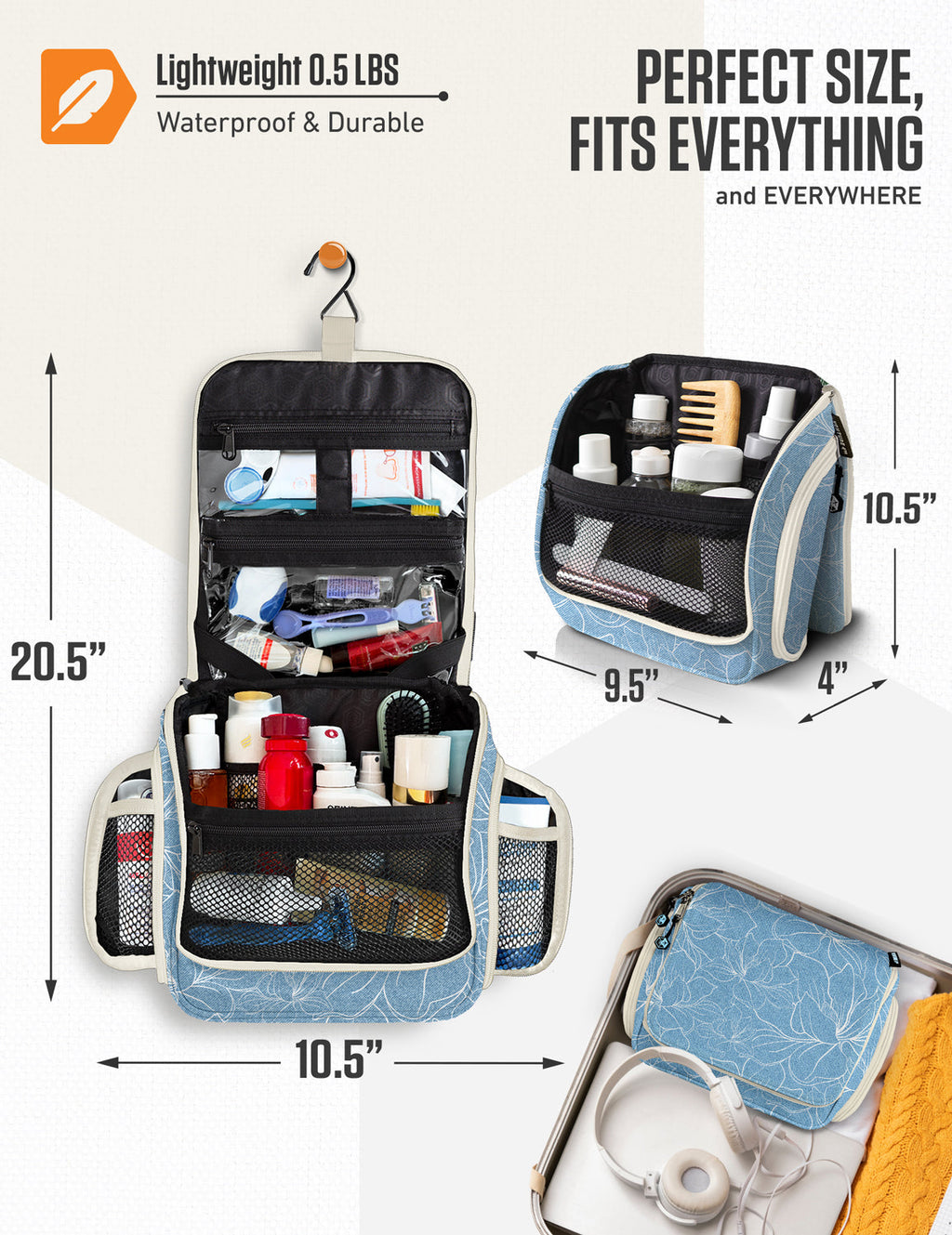 Hanging travel toiletry bag, open organizer with multiple zip pockets and mesh shelves