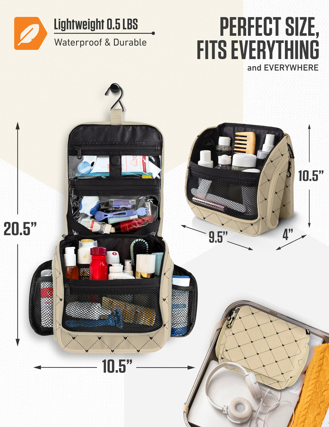 Beige and black hanging toiletry organizer with zip pockets and mesh front compartment