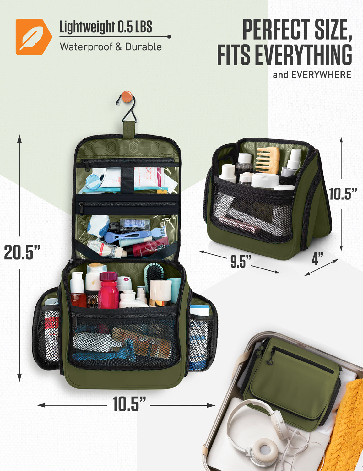 Olive green hanging toiletry bag with mesh pockets and clear interior organizer sections
