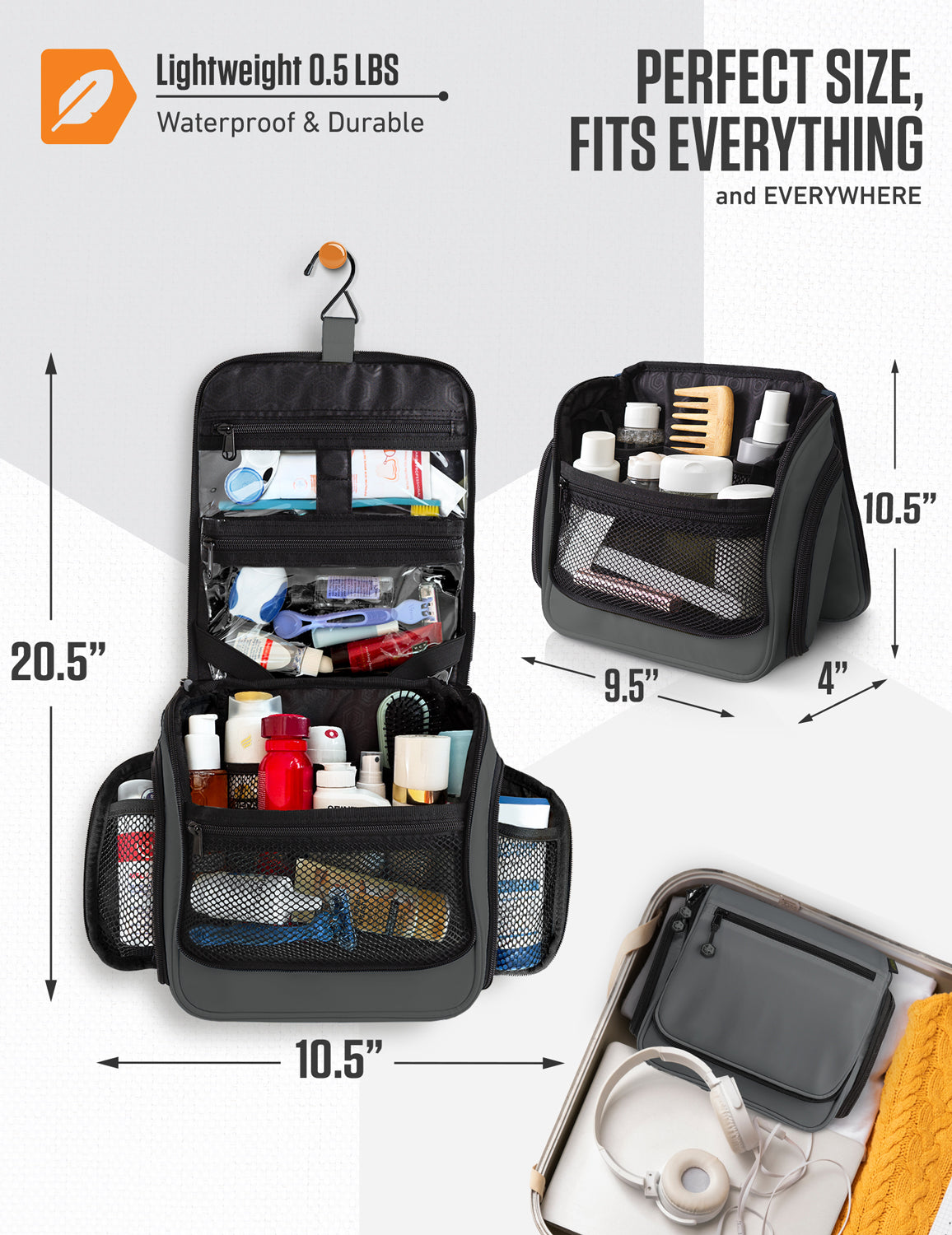 Black hanging toiletry bag with multiple mesh pockets, zip compartments, and hanging hook