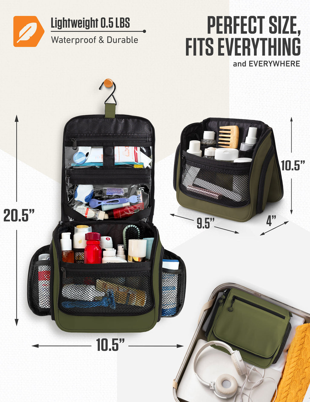 Compact olive hanging toiletry bag with multiple mesh pockets and top hook