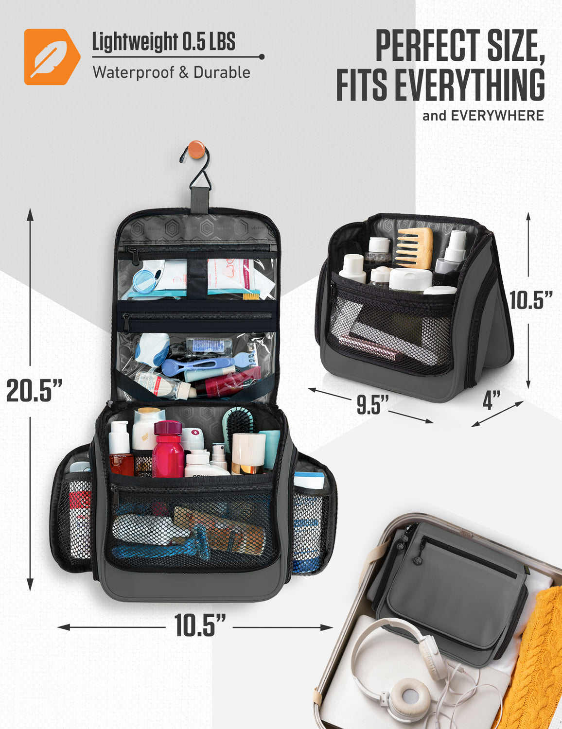 Black hanging toiletry bag with mesh compartments sized for toiletries bottles