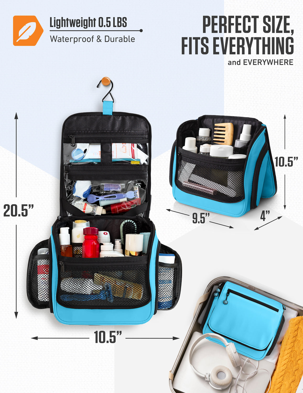 Hanging toiletry bag with layered compartments, mesh pockets, and hanging hook