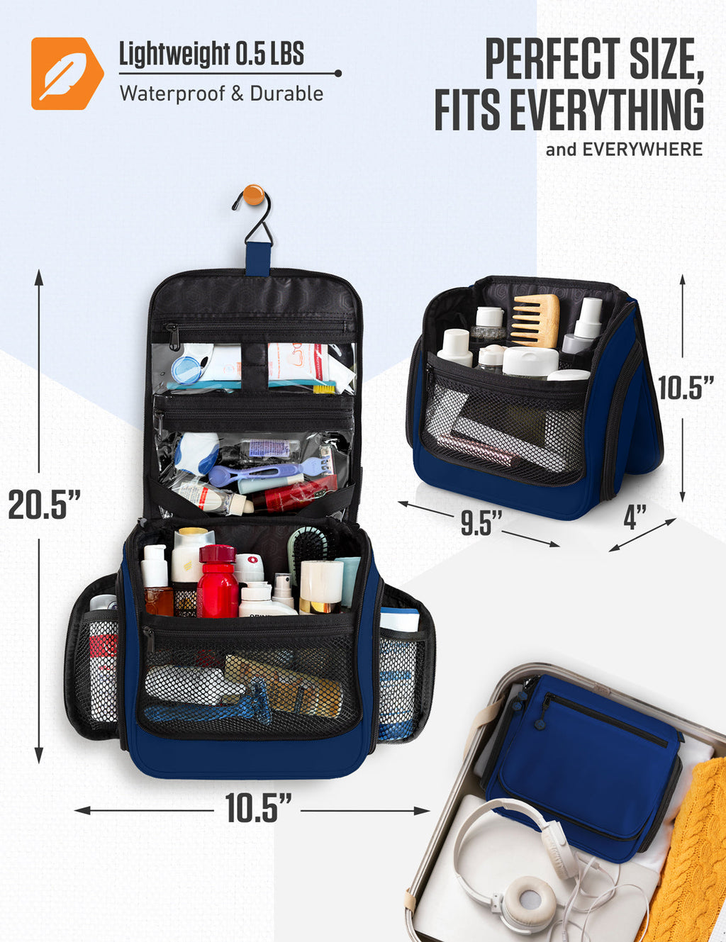 Blue hanging toiletry bag open with multiple mesh sections and zip pockets