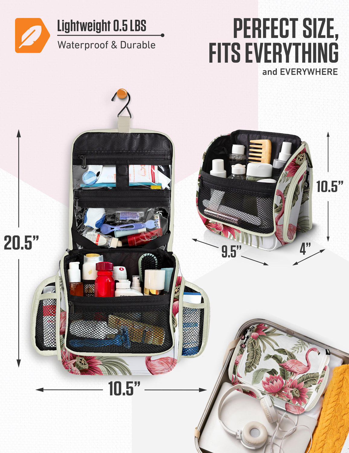 Floral hanging toiletry bag open with mesh pockets and multiple zip compartments